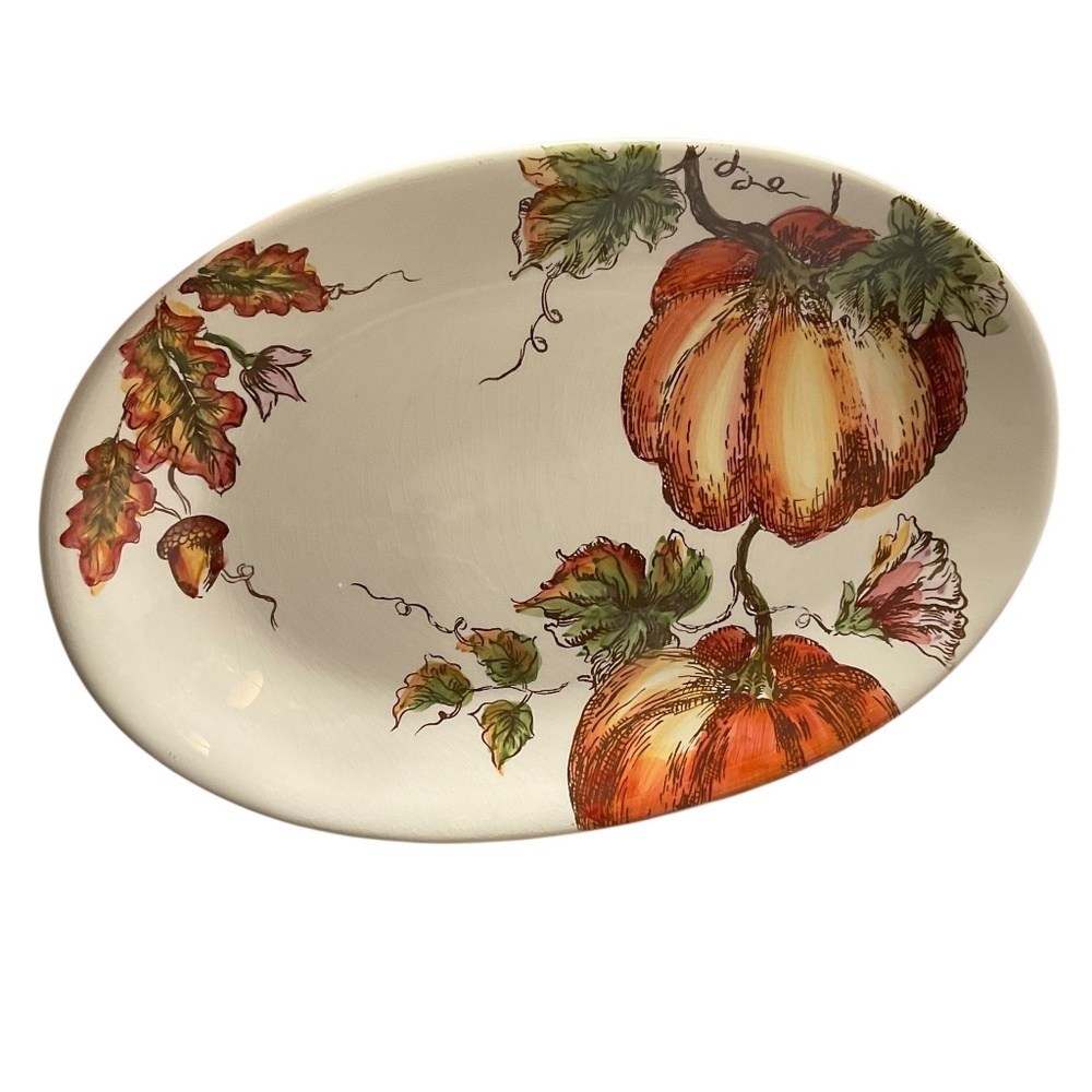 Maxcera Pumpkin Sketch Oval Platter Fall Harvest 14.5 x 10 Inch Vintage